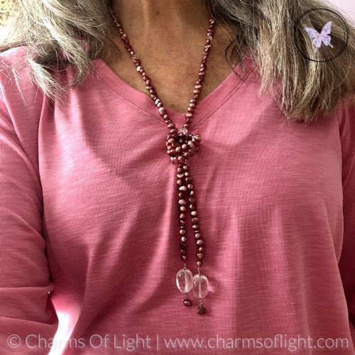 Pearl & Clear Quartz Lariat Necklace (Burgundy)